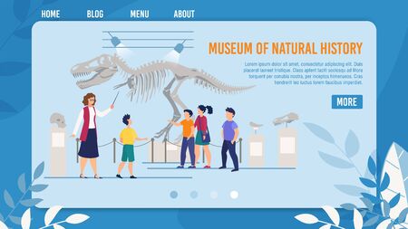 Webpage Presenting Natural History Museum for Kids. Landing Page Template for Digital Devices. Guide Showing Children Group Prehistoric Times Dinosaur Skeleton and Bones. Vector Illustrationのイラスト素材