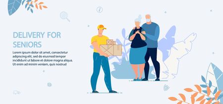 Food, Dugs, Goods for Seniors Delivery Online Service. Deliveryman Carrying Packages with Ordered Products. Happy Old Mature Family Couple Receiving Parcels. Social Support for Retirementのイラスト素材