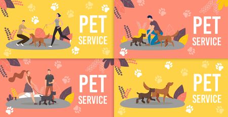 Dog Sitters, Professional Dog Training Service Trendy Flat Vector Ad Banners, Promo Posters Set. Female, Male Pet Trainers, Dog Handlers or Walkers Playing with Purebred Puppies in Park Illustrationのイラスト素材