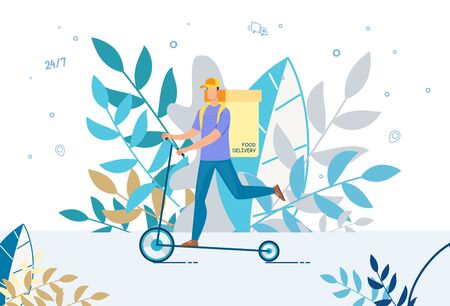 Courier Delivering Food Basket on Electric Scooter. Deliveryman Using Eco-Friendly Fast Transport. Fresh Healthy Hot Meal Order Transportation. Round-the-Clock Online Service Advertisementのイラスト素材