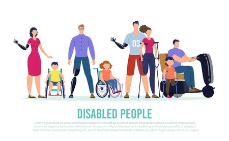 Disabled People Trendy Flat Vector Banner, Poster Template. Disabled Men and Women Characters with Hand, Leg Prosthesis, Injured Lady on Crutches, Children on Wheelchair Standing Together Illustrationのイラスト素材
