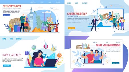 Travel Agency Service Webpage Set Offering Tours. Senior Couple, Young Family with Kids and Millennial Married Man and Woman Travelling over World, Choosing Rout, Sharing Impressions via Internetのイラスト素材