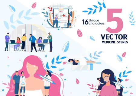 Plastic Surgery and Dermatologist Service, Health Problems, Virus Infection in Office, Healthy Nutrition, Dieting Trendy Flat Vector Scenes, Concepts Set. Doctors and Patients Characters Illustrationsのイラスト素材