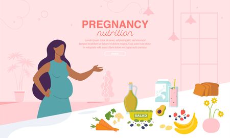 Pregnancy Nutrition and Healthy Diet Advertising Poster. Online Order and Delivery Food for Pregnant Women. Afro-American Lady with Belly Standing near Table with Fresh Ingredients, Drinksのイラスト素材