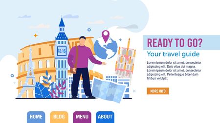 Tour and Personal Guide Selection Landing Page Trendy Design. Travel Agent Telling about Famous World Sightseeing and Landmarks Trip Application. Tourism. Booking Service Abstract Vector Illustrationのイラスト素材