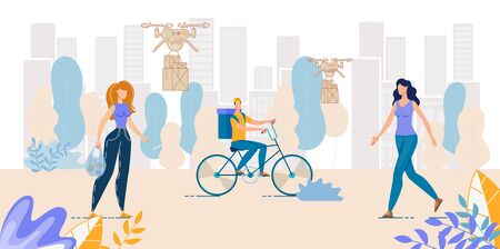 Air and Land Food, Parcels, Drugs Delivery Service. Drone Transportation Packages over Cityscape. Man Courier Riding Bicycle. Fresh Food Basket Shipping. Women Citizen Potential Customers Walkingのイラスト素材