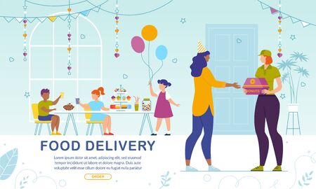 Sweet Pastry Delivery to Kids Party. Online Service Banner. Woman Mother Ordering Fresh Baked Donuts for Children on Birthday Celebration. Female Courier Delivering Confectionary. Vector Illustrationのイラスト素材