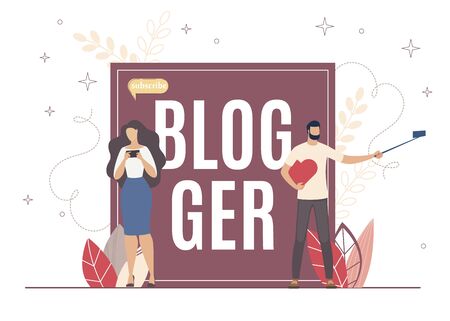 Internet Blogger Popularity, Subscribe and Record. Girl View Activity on her Account on Electronic Device. Man Hold Heart and Take off Using Long Selfie Stick. They Express Thought and Life Story.のイラスト素材