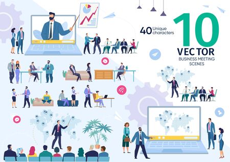 Business Company Employees Team Life Scenes and Work Situations, Office Meeting, Project Strategy Presentation, Investors Negotiation, Planning Expansion Concepts Trendy Flat Vector Illustrations Setのイラスト素材