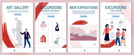 Individual, Group Excursion to Art Gallery, History Museum Mobile Onboard Landing Page Set. Invitation to Visit New Expositions. Advertisement for Kids and Adults. Vector Phone Screens Illustrationのイラスト素材