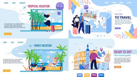 Tour Agency Landing Page Design Set. Touristic Online Service Inviting to Travel. Family Vacation, Trip to Exotic Resort, World Cruise Along, with Guide. People Choosing Booking Rout via Internetのイラスト素材