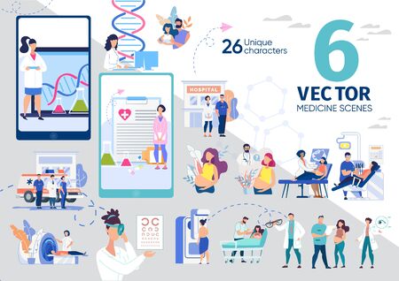 Healthy Pregnancy, Diseases Diagnostic Technologies, Medical Laboratory, Pharmacy Mobile Applications Trendy Flat Vector Scenes, Concepts Set. Pregnant Woman, Clinic Personnel Characters Illustrationsのイラスト素材