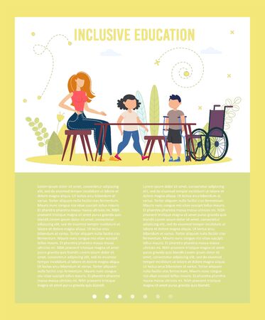 Inclusive Education School Program for Disabled Pupils Trendy Flat Vector Poster, Brochure or Presentation Slide Template. Boy on Crutches, Child with Disabilities Coming to School Class Illustrationのイラスト素材