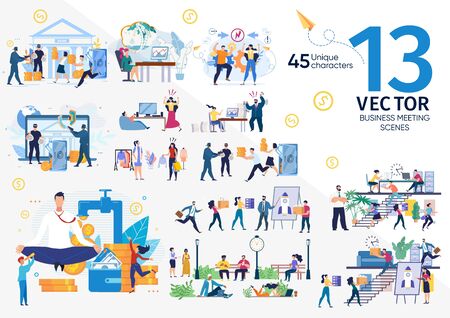 Company Employees, Entrepreneurs Life Scenes and Work Situations, Businesspeople Teamwork, Financial Security and Money Fraudulent, Stress on Office Work Concepts Trendy Flat Vector Illustrations Setのイラスト素材