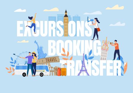 Excursion Booking Transfer Capital Letter. Tiny People on Text. Worldwide Travel Design. Tourist Take Photo, Selfie with Attraction, Famous Landmark, Buildings, Statue. Bus Tour. Vector Illustrationのイラスト素材