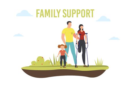 Disabled People Family Support Trendy Flat Vector Banner, Poster Template. Woman with Leg Amputation Spending Time with Relatives, Husband and Daughter Helping Disabled Wife on Crutches Illustrationのイラスト素材