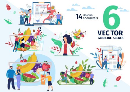 Healthy Nutrition and Dieting, Therapeutic Fasting for Weight Loss, Ration from Natural Food Trendy Flat Vector Scenes Set. Nutritionist, Fat People, Family Members Bowl with Fruits Illustrationsのイラスト素材