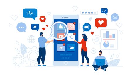 People and Comprehensive Mobile Application Social Media Audit. Man with Magnifying Glass and Woman Checking App Design, Usability. Guy at Laptop Conducting Code Analysis Security. Vector Illustrationのイラスト素材