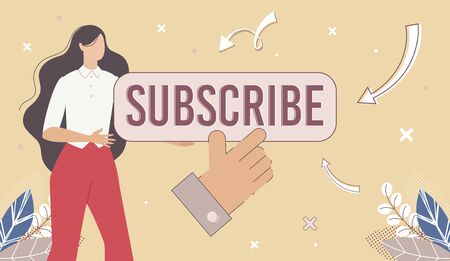 Blogger Web Page or Channel, Social Network Account Banner, Poster Template with Subscribe Button. Woman Blogger offering to Became Subscriber, Following Her online Trendy Flat Vector Illustrationのイラスト素材