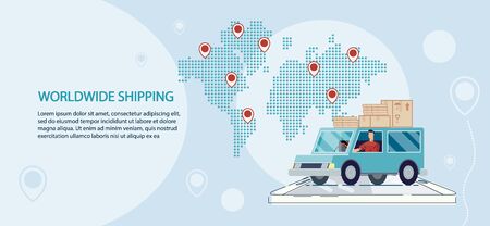 Worldwide Lorry Truck Shipping and Logistics Service Advertisement. Van Vehicle Loaded with Cardboard Parcels, World Map with Location Destination Marks. Cargo Transportation, Freight Shipmentのイラスト素材