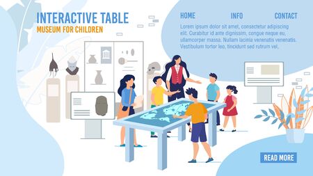 Educational Excursion for Children in Natural History Museum Web Banner, Landing Page Template. School Teacher with Pupils Visiting Museum, Using Interactive Screen Trendy Flat Vector Illustrationのイラスト素材