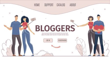 Online Service for Blogging, internet Startup for Bloggers Web Banner, Landing Page Template. Man and Woman Social Network User, Blogger or Streamer with Cellphone Trendy Flat Vector Illustrationのイラスト素材