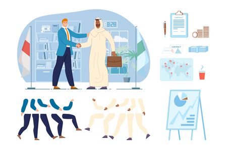 International Businessmen, Politics Characters Constructor. Caucasian Entrepreneur, Diplomat Handshaking with Arabian Business or Diplomatic Partner, Business Elements Trendy Flat Vector Illustrationのイラスト素材