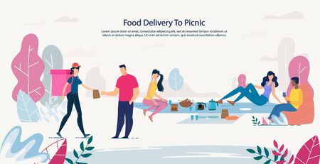 Fresh Healthy Food Delivery to Picnic Service. Advertising Poster with Happy People Rest on Nature Order Meal Basket for Lunch. Woman Courier Carrying Package with Ready Takeaway Dishesのイラスト素材