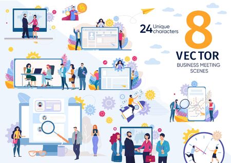 Human Resources Manager, Business Partners, Companies Leaders Daily Life Scenes, Work Situations, Hiring Employees, Job Interview, Successful Partnership Concepts Trendy Flat Vector Illustrations Setのイラスト素材