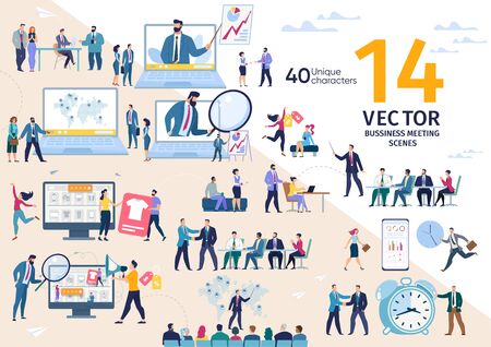 Financial Analyst, Company Head, Business Team Life Scenes and Work Situations, Office Meeting, Data Analysis, Digital Marketing Strategy, Project Deadline Concepts Trendy Flat Vector Illustration Setのイラスト素材