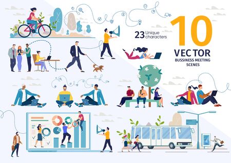 Company Employees, Freelancers, Online Entrepreneurs, Students Life Scenes and Work Situations, Planning Business Strategy, Office Routine, Distance Work Concepts Trendy Flat Vector Illustrations Setのイラスト素材