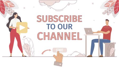 Blogger or Vlogger Channel, Social Media Project, Content Maker Personal Website Subscription Start Banner, Landing Page Template. Man and Woman Blogger Character Trendy Flat Vector Illustrationのイラスト素材