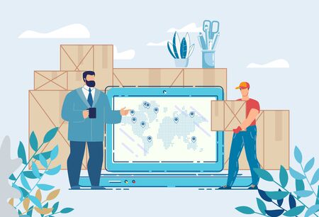 Warehouse and Logistic Department Working Process. Loader Bringing Packages in Post Storehouse. Main Manager Logistician Taking Parcels from Employee. Worldwide Tracking System on Laptopのイラスト素材