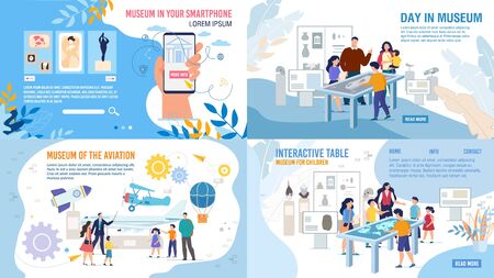 Art Museum Smartphone Application, Natural History and Aviation Museum, Interactive Table Technology Solution Web Banner, Landing Page Set. People Visiting Exhibition Trendy Flat Vector Illustrationのイラスト素材