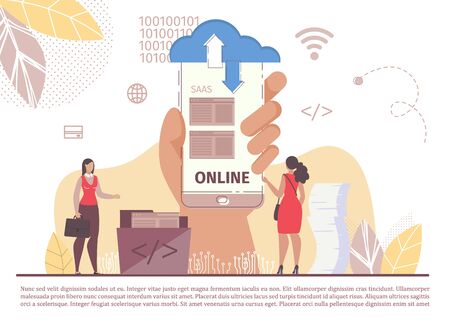 Saas Software Service. Internet Business Cloud Technology. Mobile Application. Woman Stand Front Smartphone Holding by Human Hand. Network and Information Safety Exchange Online. Vector Illustrationのイラスト素材