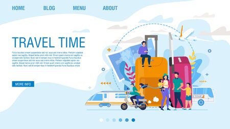 Landing Page Offering Exciting Travel Time. Design for Tour Agency Organizing Trip for Two or Family. People Travelling by Scooter, Bus, Train, Airplane over World. Booking Mobile App Online Serviceのイラスト素材