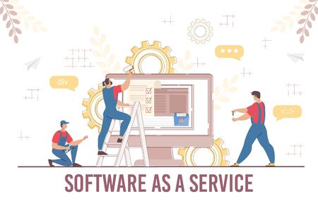 Engineer Team Software Service Development Programming Coding Process. Man Technician and Maintenance Technical Support. Developer Working with Big Data Technology for Business. Vector Illustrationのイラスト素材