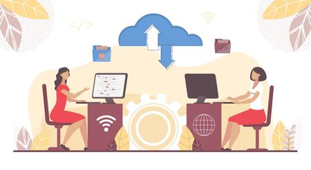 Businesswoman Work in Cloud Software on Computer. SaaS Concept. Global Database Subscription Access. Internet Connection. Remote Management. Worldwide Business. On-Demand Service. Vector Illustrationのイラスト素材