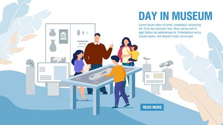 Natural History Museum Web Banner, Lading Page Template. Family Members, Parents with Children Studying Dinosaur Paleontology Exhibition Showpiece at Interactive Table Trendy Flat Vector Illustrationのイラスト素材