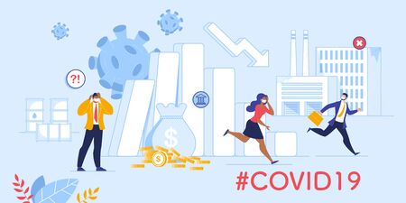 Coronavirus Influence on Global Stock Market, Banking System and World Economy. Oil Barrel, Factory with Pipe, Money Bag, Crisis Chart, Confused Stressed People in Facial Mask. Covid19 Virus Attackのイラスト素材