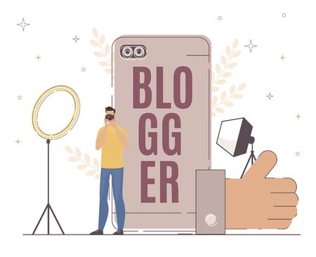 Blogger Work with Lighting Fixture for Good Result. Man Looking at Camera. Large Thumb up Sign. Maintaining Successful Blog Depend on Many Factor. Big Smartphone, Flat Illustration.のイラスト素材