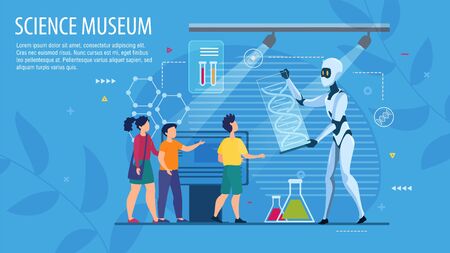 Landing Page Inviting to Science Museum. Happy Kids and Robotic Artificial Intelligence Guide. Innovation Education for Elementary School Pupils. Interactive New Technology Learning. Biology Lessonのイラスト素材