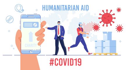 International Humanitarian Help and Assistance, Charity Funds Collection for Affected by Coronavirus Countries. Worker Unloading Boxes, Man Transferring Money with Smartphone Flat Vector Illustrationのイラスト素材