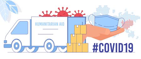 Coronavirus Epidemic Global Crisis, Humanitarian Aid Emergency Delivery, Face Mask Deficit Problem Solving Concept. Cardboard Boxes with Special Protection Clothing near Truck Flat Vector Illustrationのイラスト素材