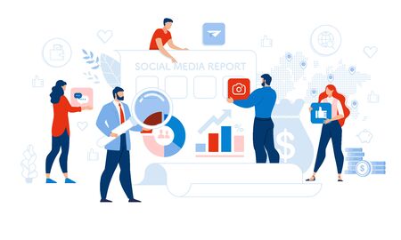 Social Media Report Management and Optimization. Tiny People Auditor, Analytics, Accountant Team with Tool for Checkup, Network Icon. Statistic Result in Chart Graph on Computer Monitor Illustrationのイラスト素材