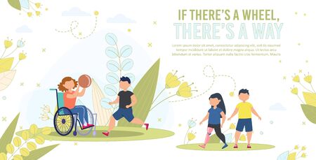 Disabled Children Active and Happy Life, Social Equality Trendy Flat Vector Banner, Poster Template. Disabled Girl in Wheelchair, Injured Child on Prosthesis Playing, Walking with Friend Illustrationのイラスト素材