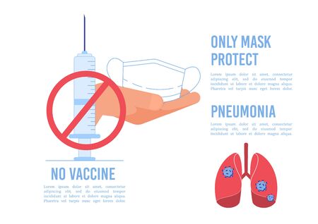 Coronovirus Infection Warning Infographic. Main Protection Method as Wearing Face Mask in Vaccine Absence. Pneumonia Prevention Way. Crossed Syringe in Circle, Protective Facial Wear in Handのイラスト素材