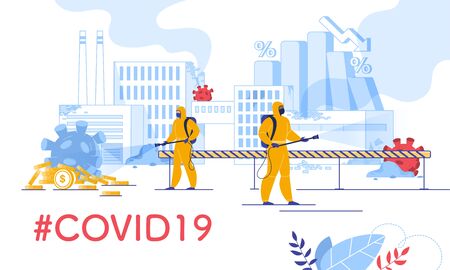 Financial Crash and Economy Crisis due to Novel Coronavirus Pandemic Outbreak. Covid19 Containment on Industry. People in Protective Uniform Perform Disinfection. Crashed Factory Virus Compound Attackのイラスト素材