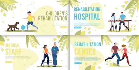 Disabled People Professional Rehabilitation in Modern Hospital Trendy Flat Vector Horizontal Web Banners, Landing Pages Set. Disabled Child and Couple Resting Outdoor, Doctor with Patient Illustrationのイラスト素材