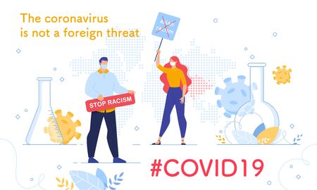 Stop Asian Racism due to Corona Virus Pandemic. Man Woman People in Mask with Protest Poster.のイラスト素材